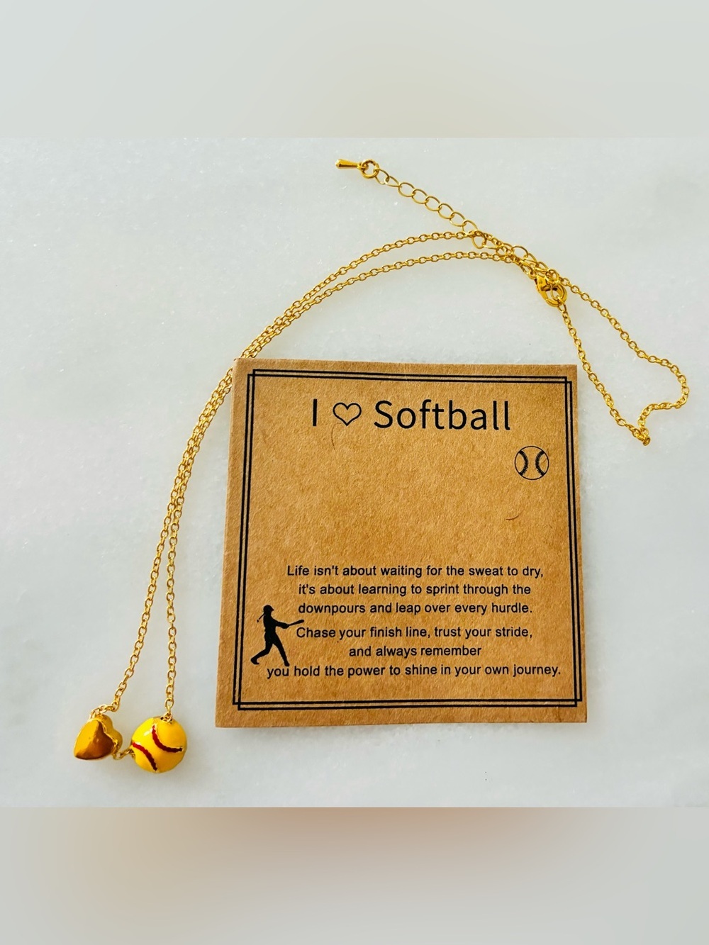 Gold Heart & Softball Dangle Necklace - Yellow  sporty